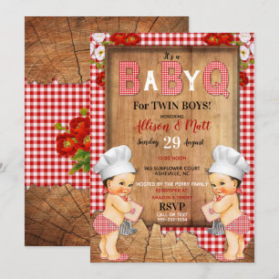 Convite Twin Baby Boys Red Gingham Wood Baby Q