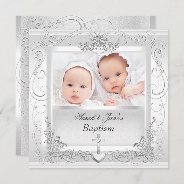 Convite Twin Baby Girl Boy Christening Baptism White (Frente/Verso)