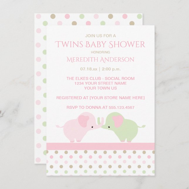 Convite Twin Baby Girl Elephants Baby Shower Invants (Frente/Verso)
