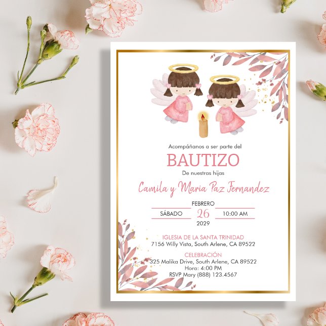 Convite Twin Baby Girls Invitación Bautizo deixa batismo (Criador carregado)