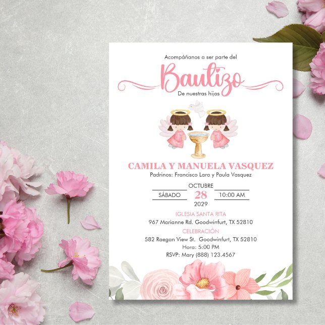 Convite Twin Baby Girls Invite Bautizo Flores Baptism (Criador carregado)