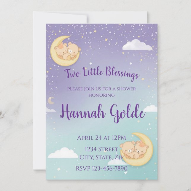 Convite Twin Baby Shower Invitation Sleeping Animals Moon (Frente)