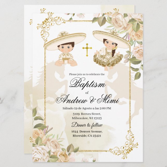 Convite Twin Boy e Menina Batismo Mexicanos Brancos e Dour (Frente/Verso)