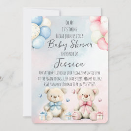 Convite Twin Boy & Girl Bear Baby Shower Invitation