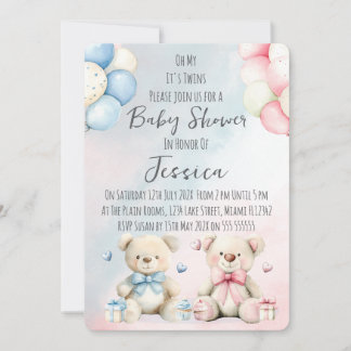 Convite Twin Boy & Girl Bear Baby Shower Invitation