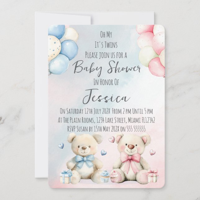 Convite Twin Boy & Girl Bear Baby Shower Invitation (Frente)