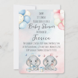 Convite Twin Boy & Girl Elephant Baby Shower Invitation