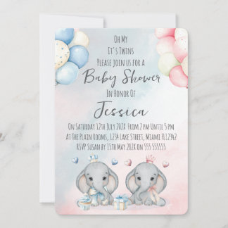 Convite Twin Boy & Girl Elephant Baby Shower Invitation