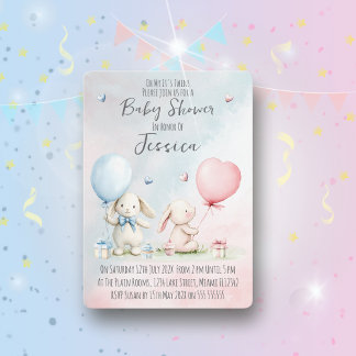 Convite Twin Boy & Girl Rabbit Baby Shower Invitation
