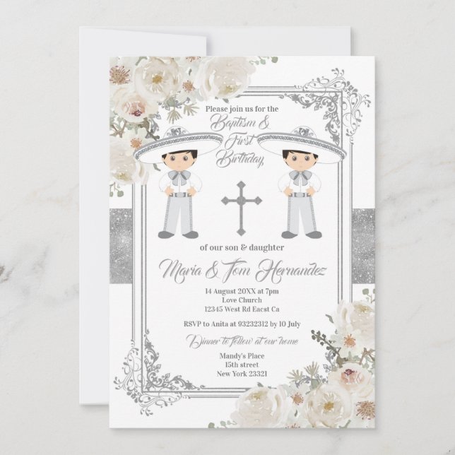 Convite Twin Boy Silver Mexicano Baptism Birthday Floral (Frente)