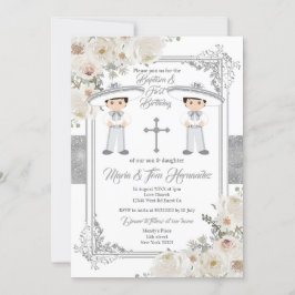 Convite Twin Boy Silver Mexicano Baptism Birthday Floral