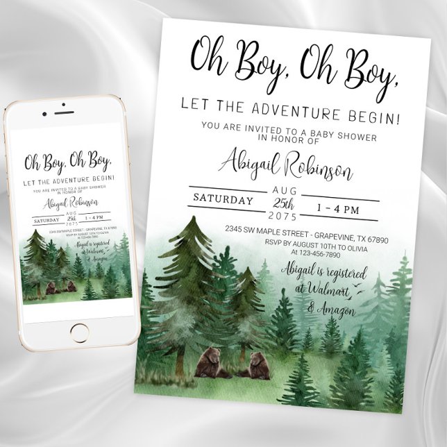 Convite Twin Boy Woodland Bear Oh Chá de fraldas (Twin boy baby woodland deer shower invitation. Instant download and printed invitations available.)