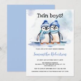 Convite Twin Boys Aquarela Chá de fraldas Azul de inverno