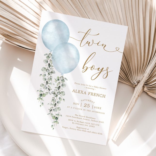Convite Twin Boys Dusty Blue Balloon Chá de fraldas Verde (Criador carregado)