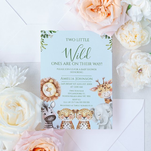 Convite Twin Boys Safari Dois Pequenos Chás de fraldas Sel (Boy Twins Safari Wild Ones Baby Shower Invitation, Two little Wild Ones Baby Shower Invite Twins)