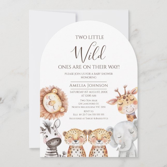 Convite Twin Boys Safari Dois Pequenos Chás de fraldas Sel (Frente)