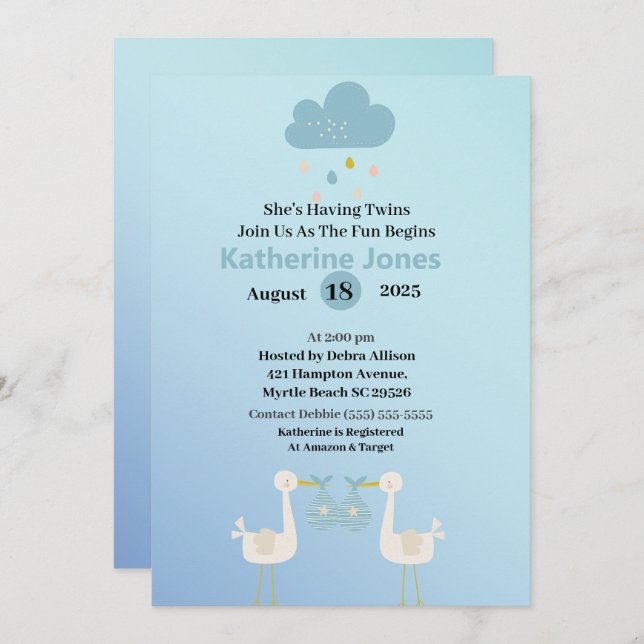 Convite Twin Boys Stork Baby Shower (Frente/Verso)