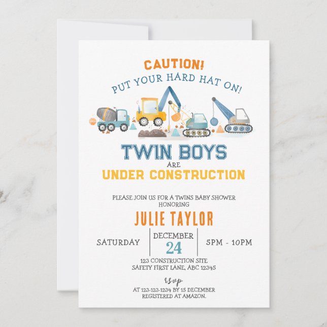 Convite Twin Boys under Construction, Digger Baby Shower (Frente)