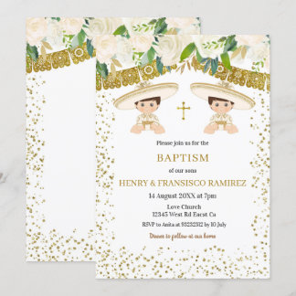 Convite Twin Floral Dourado Fiesta Boy Baptism Christening