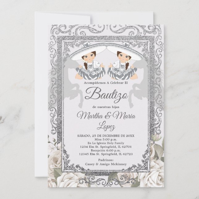 Convite Twin Girl Fiesta Silver Charro Mexicano Bautizo (Frente)