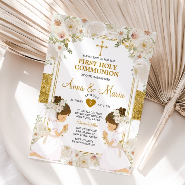 Convite Twin Girl White Flower 1rua Comunhão (Criador carregado)