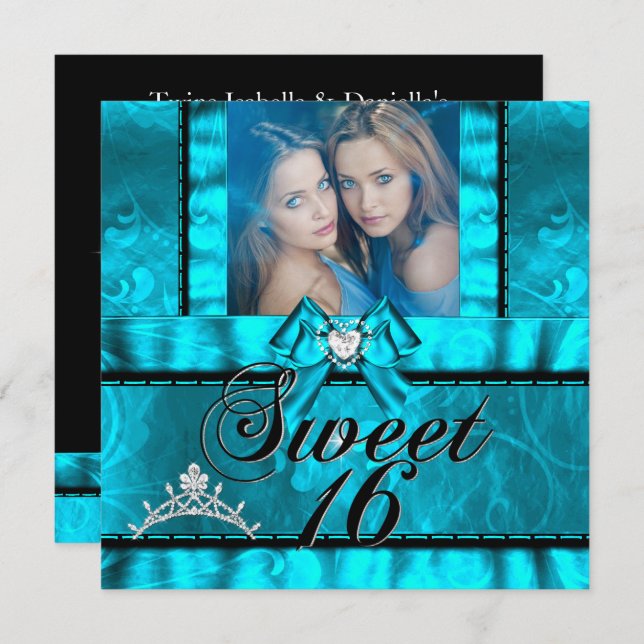 Convite Twin Girls Blue Teal Sweet 16 Sweet 16 (Frente/Verso)