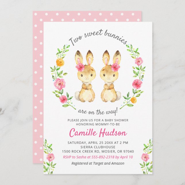 Convite Twin Girls Bunny Floral Chá de fraldas Rosa Sprink (Frente/Verso)