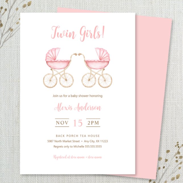 Convite Twin Girls Carriages Baby Shower Invitation (Criador carregado)