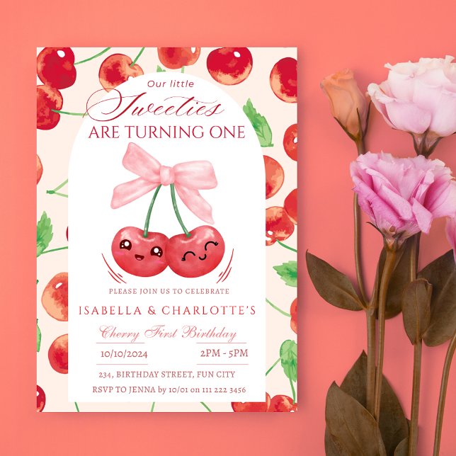 Convite Twin Girls Cherry Primeiro 11 ruas Qualquer Aniver (Twin Girls Cherry First 1st Any Age Birthday Invitation)