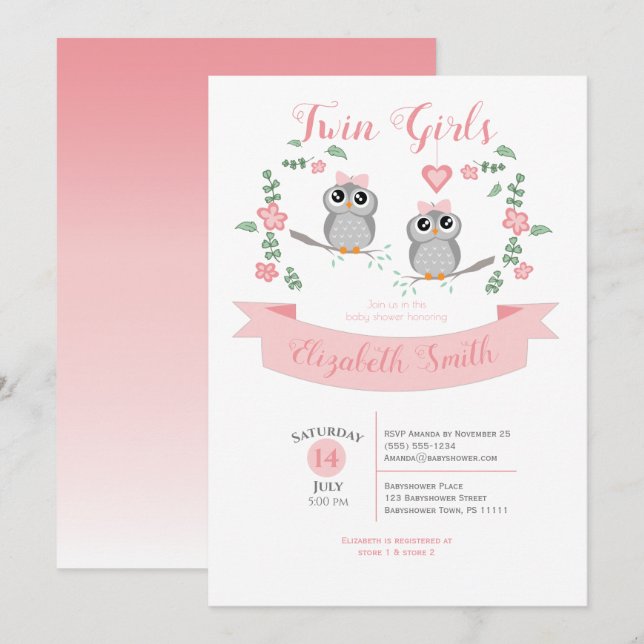 Convite Twin Girls Cute owls babyshower (Frente/Verso)