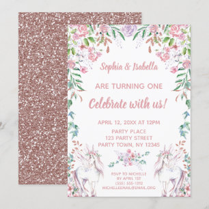 Convite Twin Girls Unicorn Glitter Primeiro Aniversário