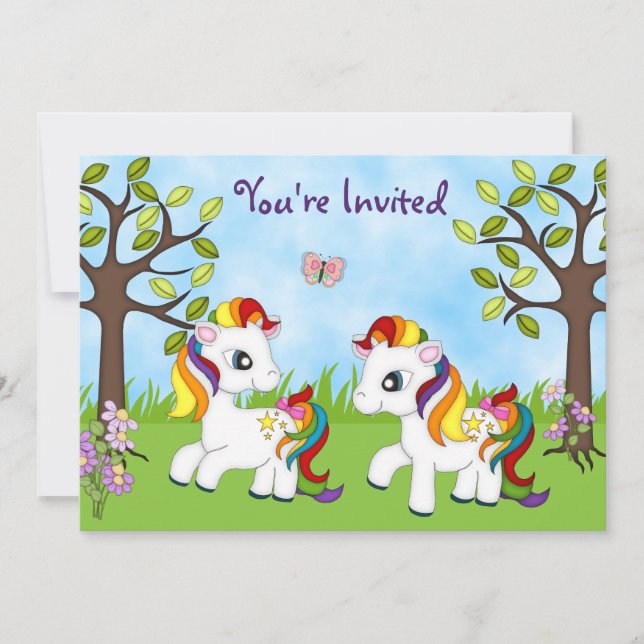 Convite Twin Rainbow Ponies Horse Birthday (Frente)