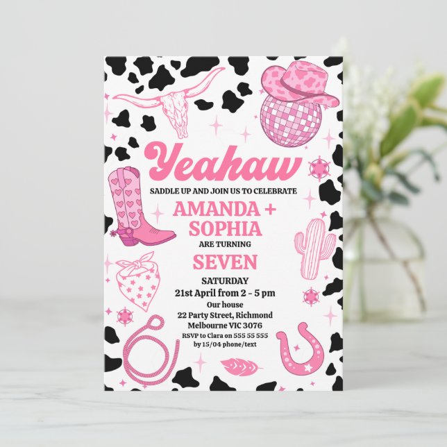 Convite Twin Rosa Quente Cowgirl Rodeo Western Disco Anive (Em pé/Frente)