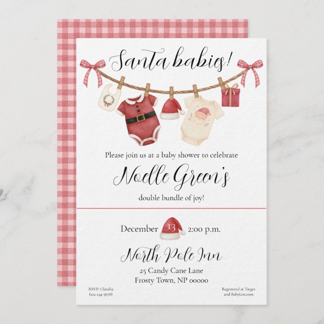 Convite Twin Santa Babies Baby Shower (Frente/Verso)