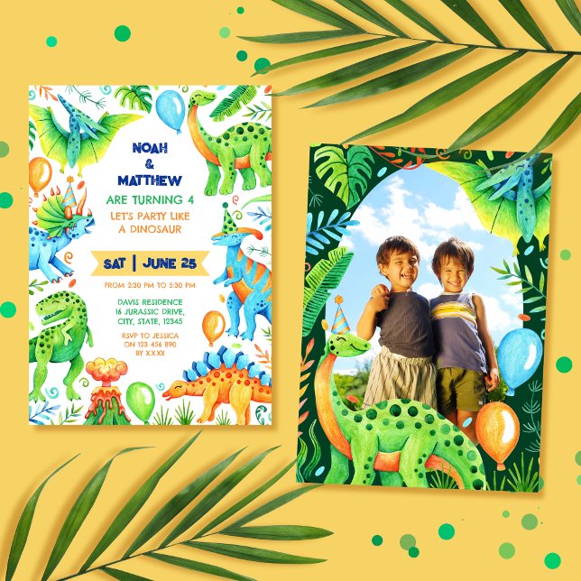 Convite Twin Siblings Joint Dinosaur Birthday Foto (Twin Siblings Joint Dinosaur Birthday Boys Photo Invitation)