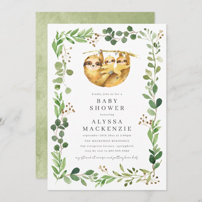 Convite Twin Sloth Baby Shower Invitation (Frente/Verso)
