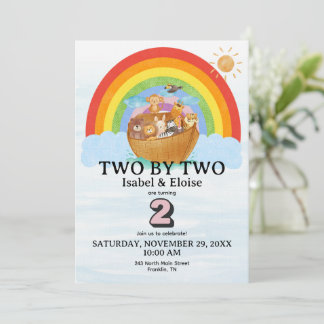 Convite TWIN Two by Two Noah's Ark Girl Birthday Invite