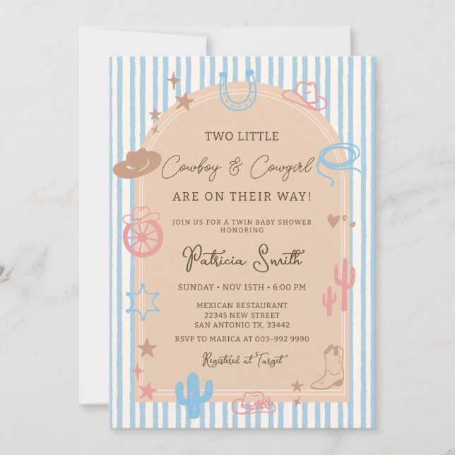 Convite Twin Western Cowgirl and Cowboy Stripe Baby Shower (Frente)