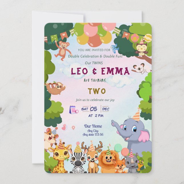 Convite Twin Wild Animals Party Invitation (Frente)