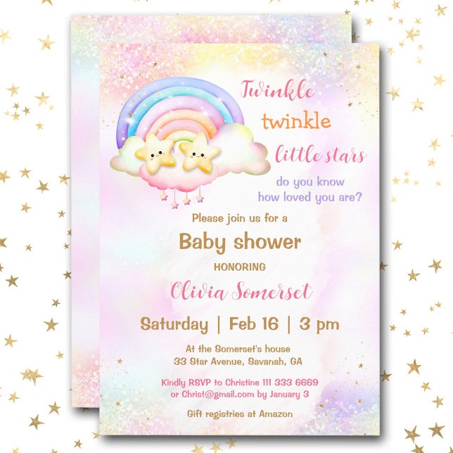 Convite Twinel Pequena Estrela Twinta Chá de fraldas Arco- (Twinkle Little Star Twins Rainbow Baby Shower Invitation)