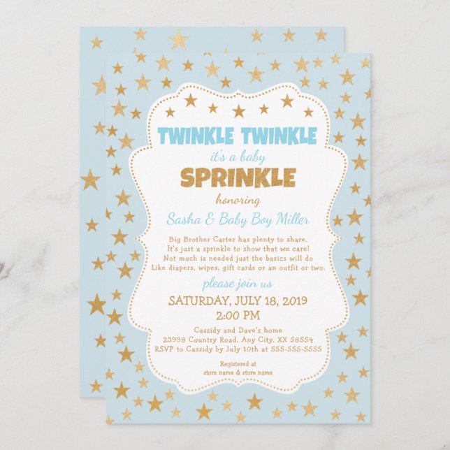 Convite Twinkle Baby Sprinkle - estrelas douradas (Frente/Verso)
