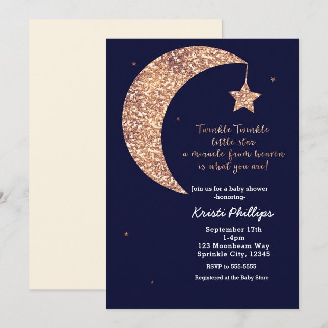 Convite Twinkle Little Star Azul Bronze Lua Baby Shower (Frente/Verso)