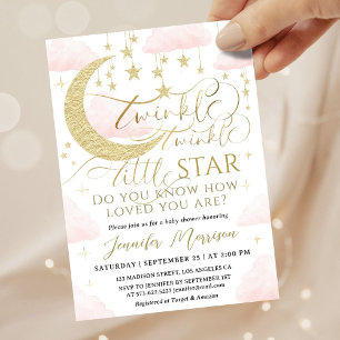 Convite Twinkle Little Star Baby Shower Menina Rosa Dourad
