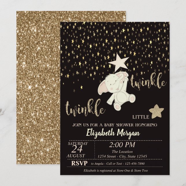 Convite Twinkle Little Star Brilho Dourado, Chá de Bebê Ur (Frente/Verso)
