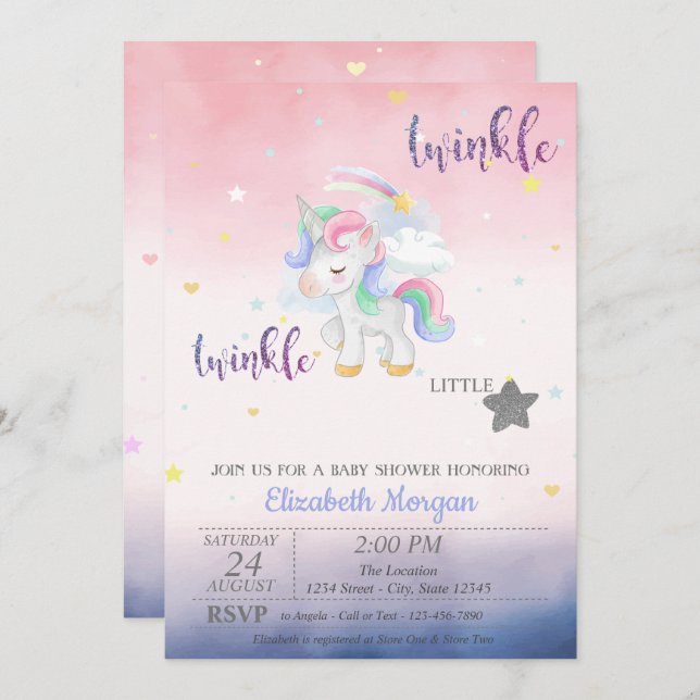 Convite Twinkle Little Star Chá de fraldas Unicorn (Frente/Verso)