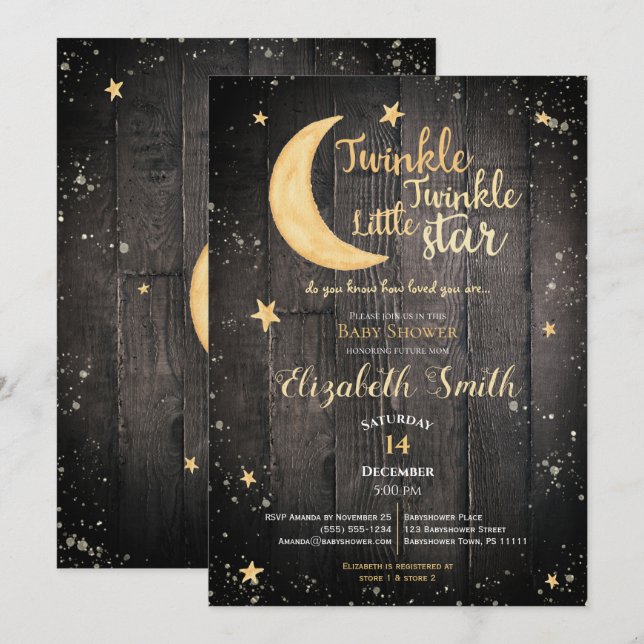 Convite Twinkle little star gender neutral baby shower (Frente/Verso)