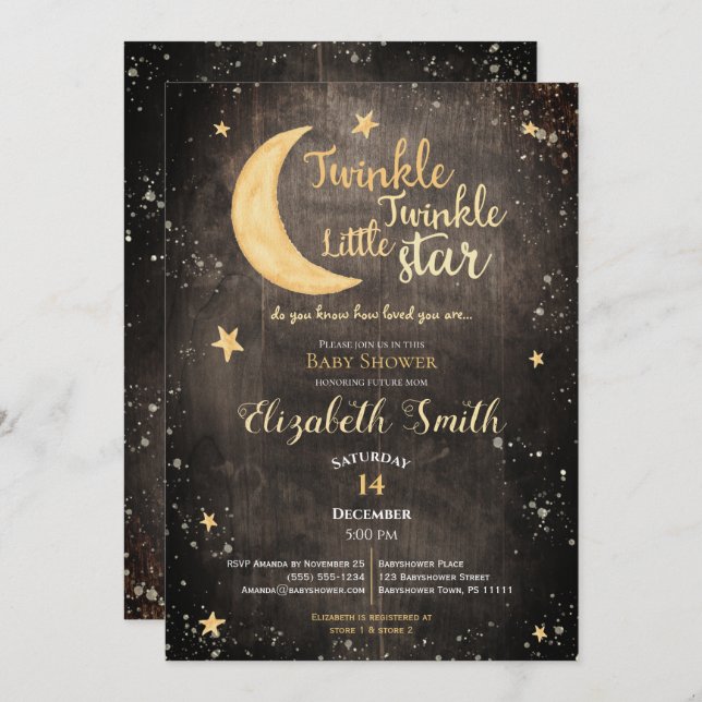 Convite Twinkle little star gender neutral babyshower (Frente/Verso)