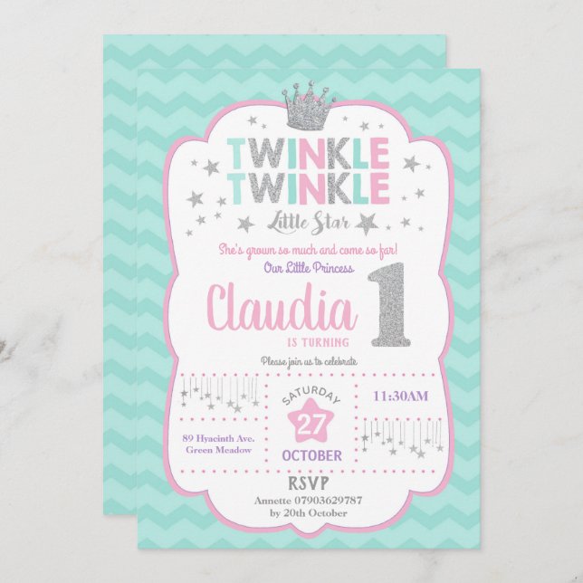 Convite Twinkle Little Star primeiro aniversario Princesa (Frente/Verso)