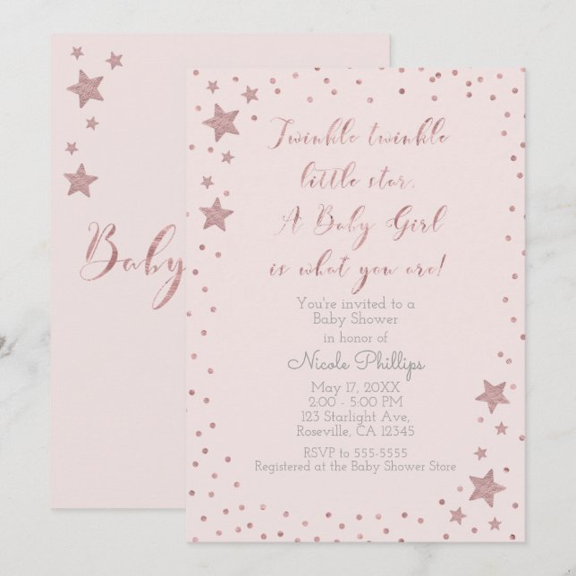 Convite Twinkle Little Star Rosa Dourado Chá de Bebê Menin (Frente/Verso)