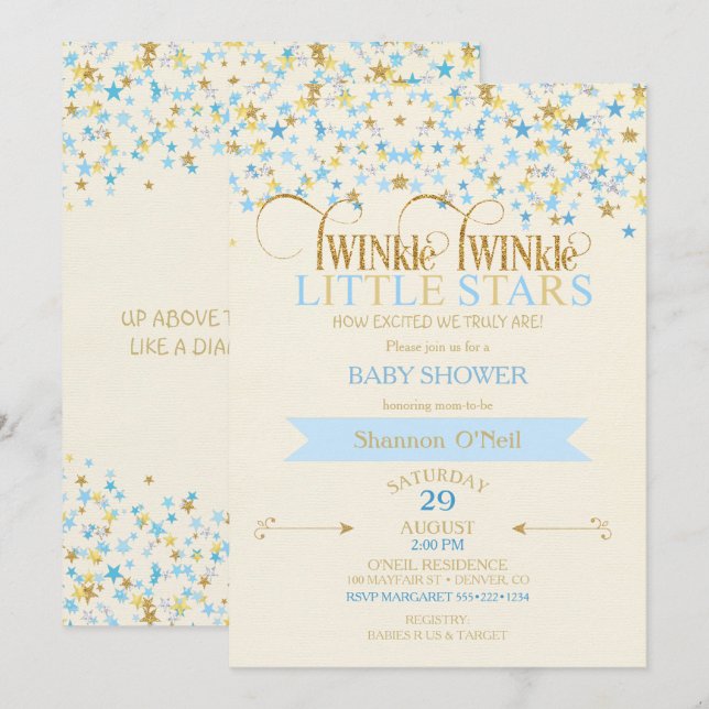 Convite TWINkle Pequenas estrelas Gêmeos Bebês Dourados Az (Frente/Verso)